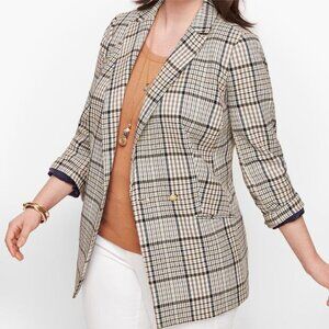 Talbots Petite Brown Ivory Blue Plaid Gold Double Breasted Blazer Size 16 Petite
